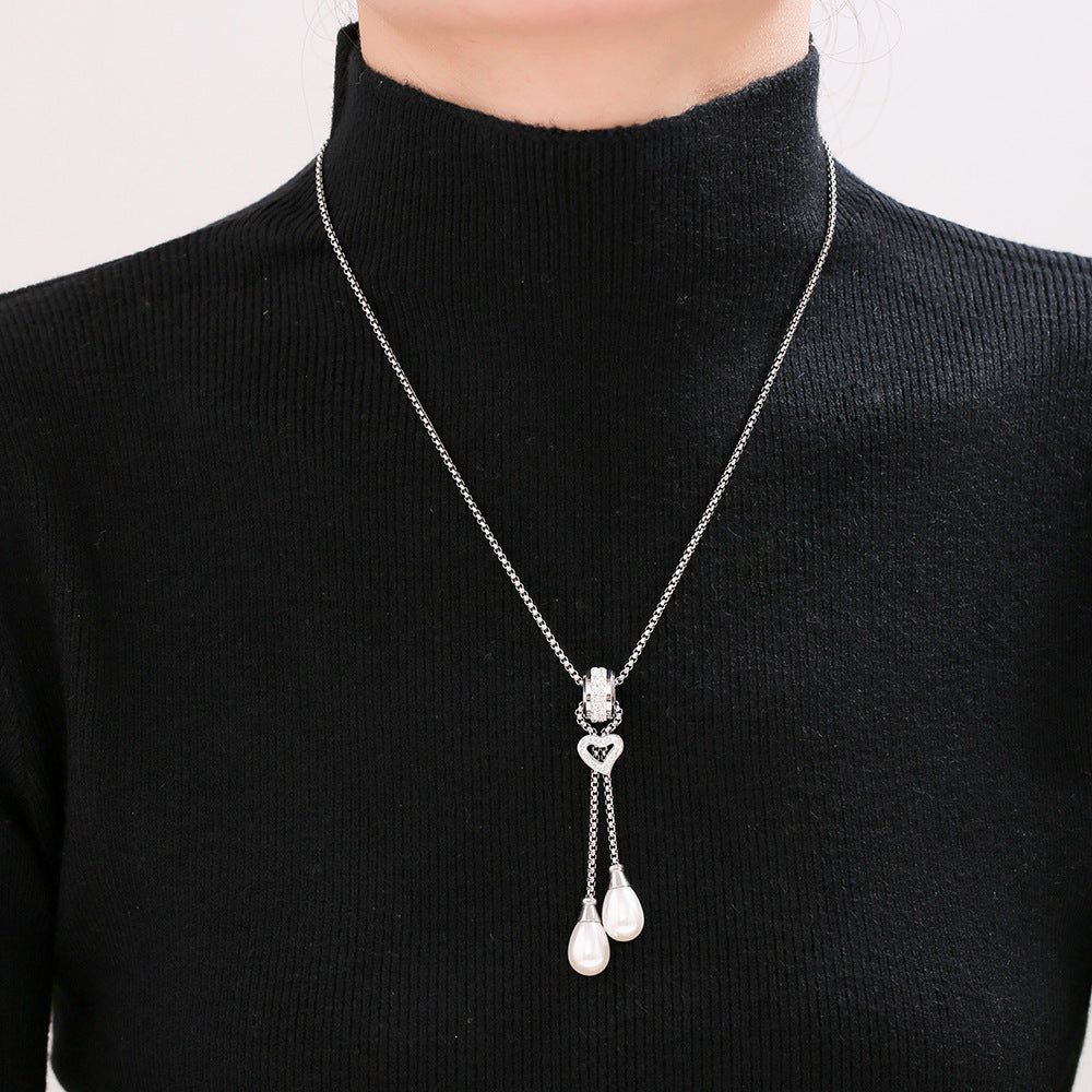 Stainless Steel 18K Gold PVD Heart Tassel Imitation Pearl Pendant Necklace
