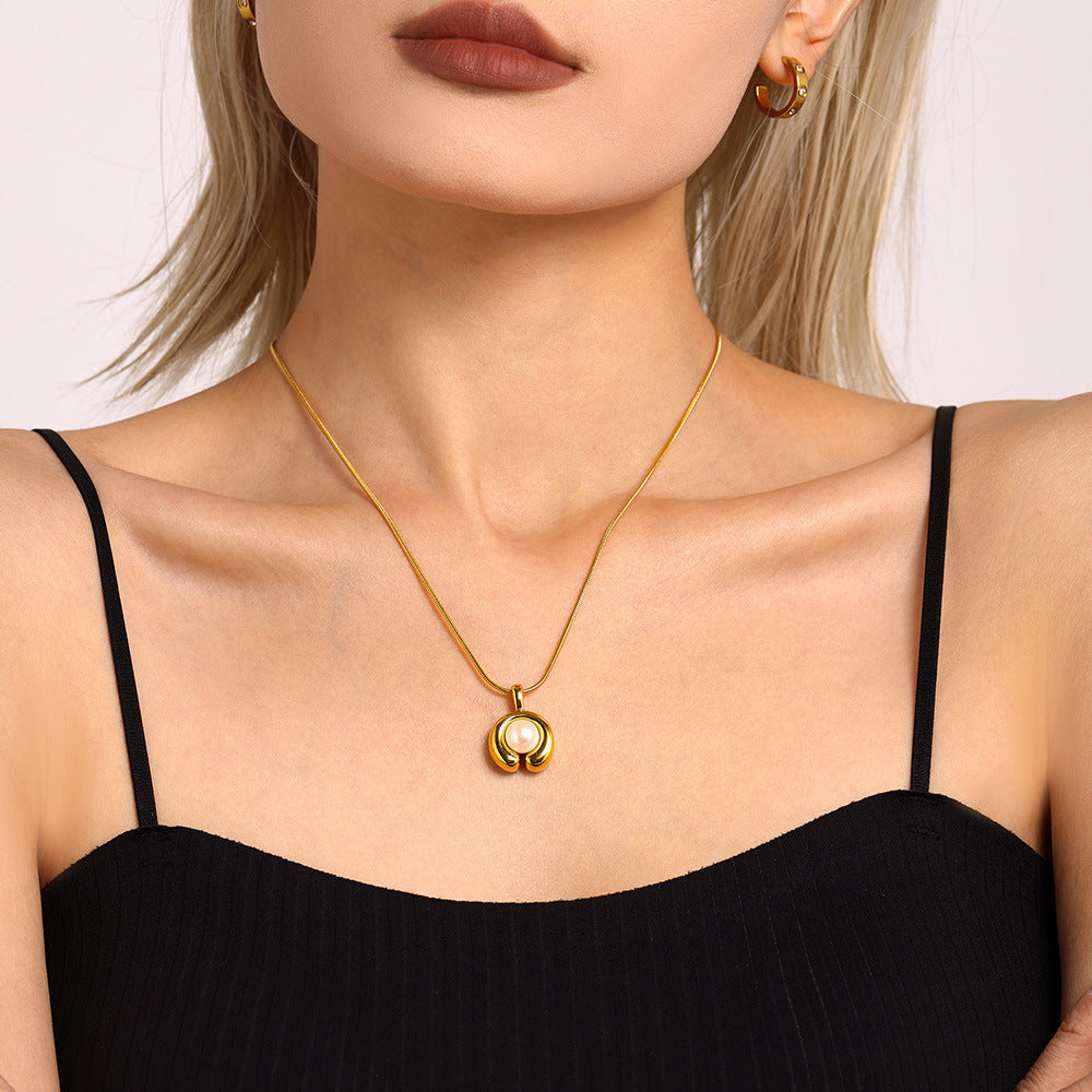 C-Shaped Inlay Freshwater Pearl Pendant Stainless Steel Necklace