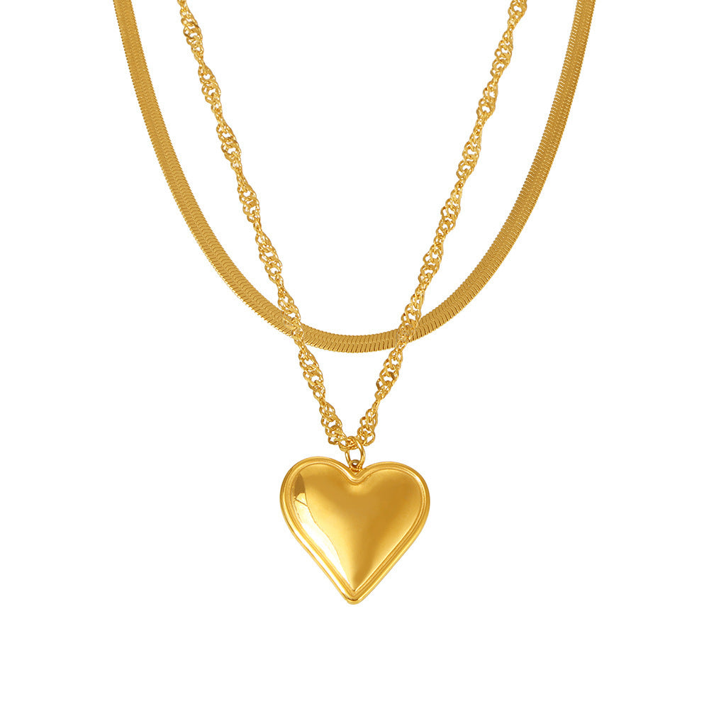 3D Heart Pendant Stainless Steel Double Layer Stackable Necklace