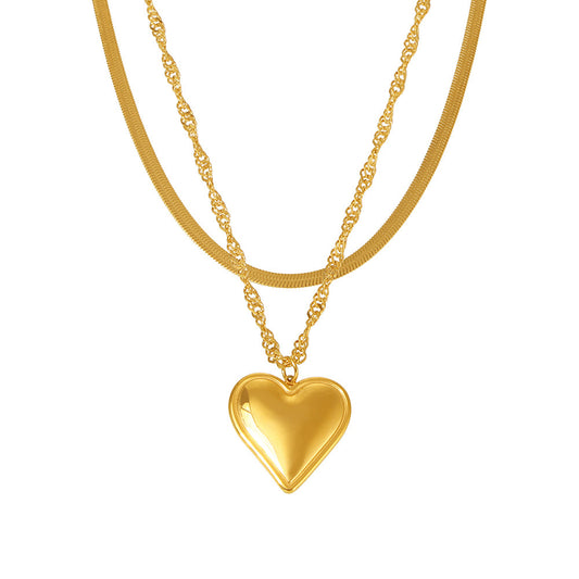 3D Heart Pendant Stainless Steel Double Layer Stackable Necklace