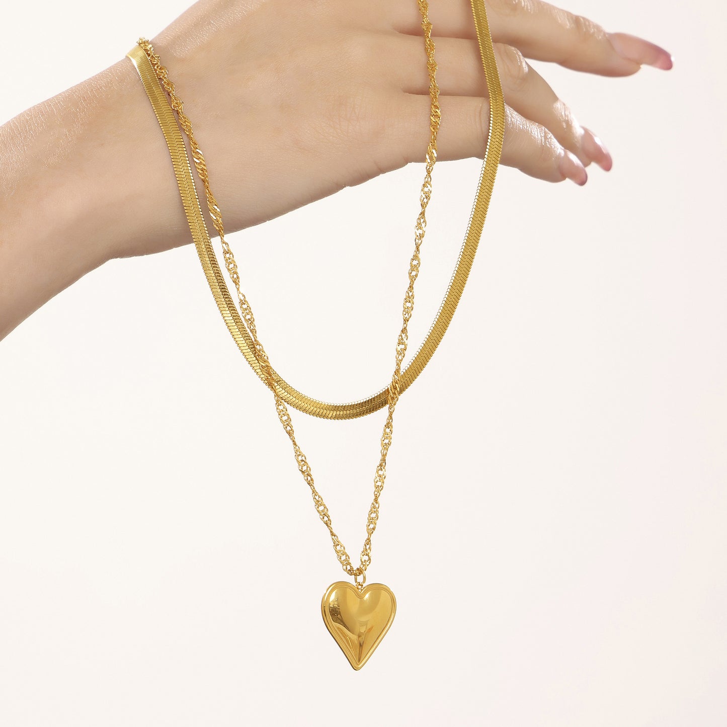 3D Heart Pendant Stainless Steel Double Layer Stackable Necklace