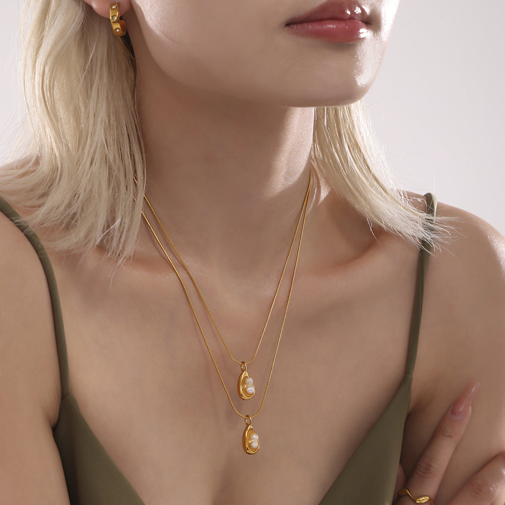 Stainless Steel Irregular Shape Pendant Inlay Freshwater Pearl Necklace