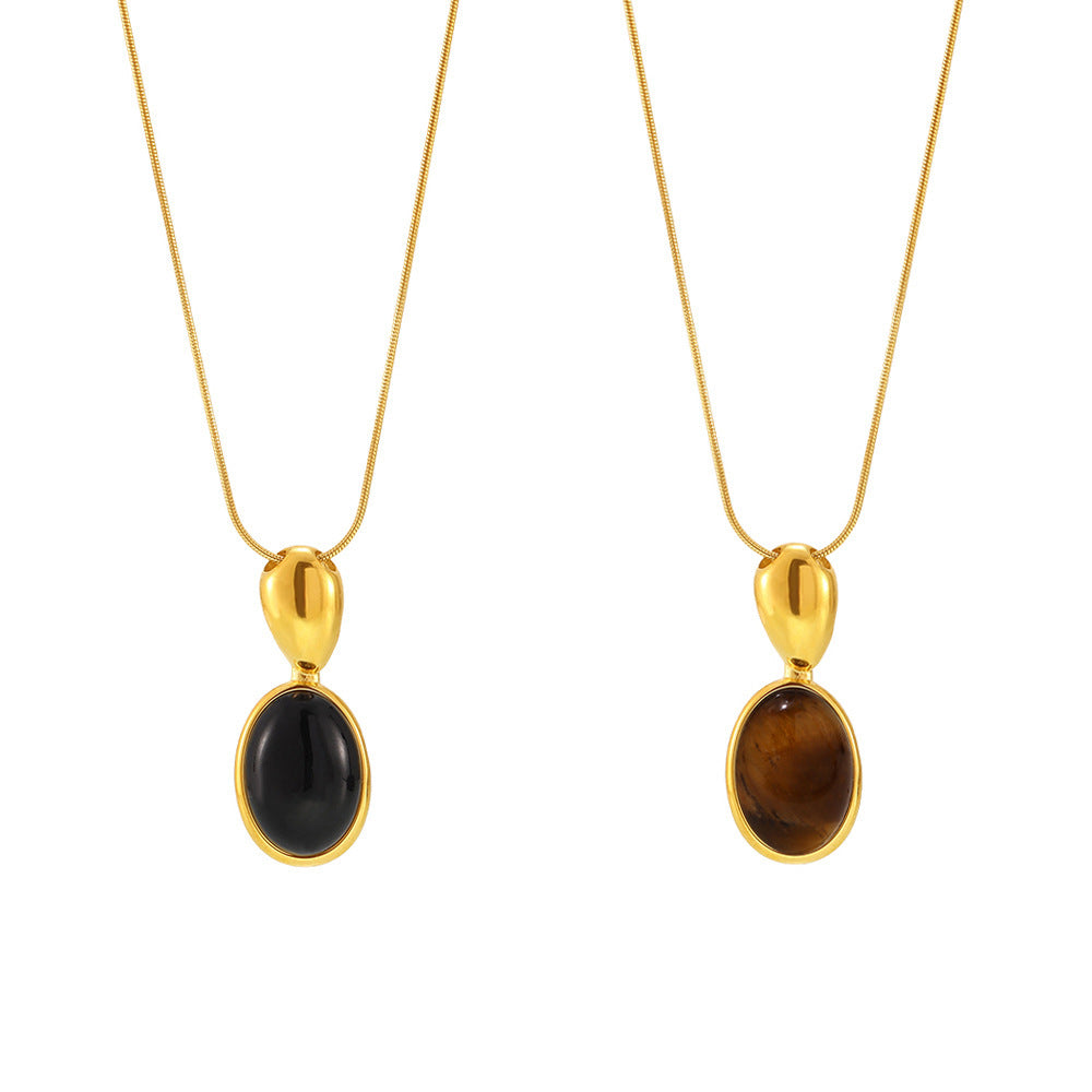 Stainless Steel Oval Tiger Eye Stone Pendant Snake Chain Necklace