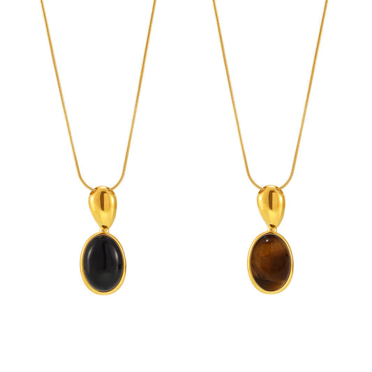 Stainless Steel Oval Tiger Eye Stone Pendant Snake Chain Necklace