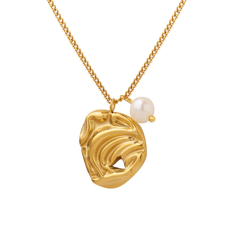 Stainless Steel Irregular Texture Pendant Freshwater Pearl Necklace