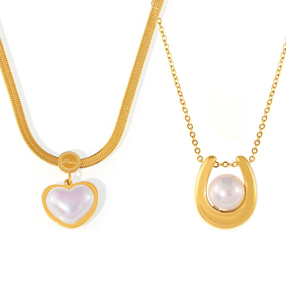 Stainless Steel Heart Shape Imitation Pearl Pendant Necklace