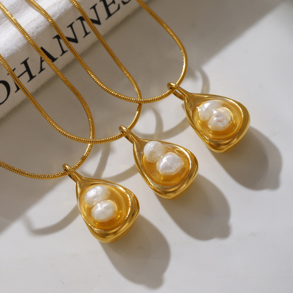 Stainless Steel Irregular Shape Pendant Inlay Freshwater Pearl Necklace