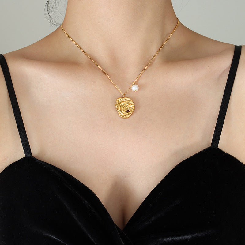 Stainless Steel Irregular Texture Pendant Freshwater Pearl Necklace