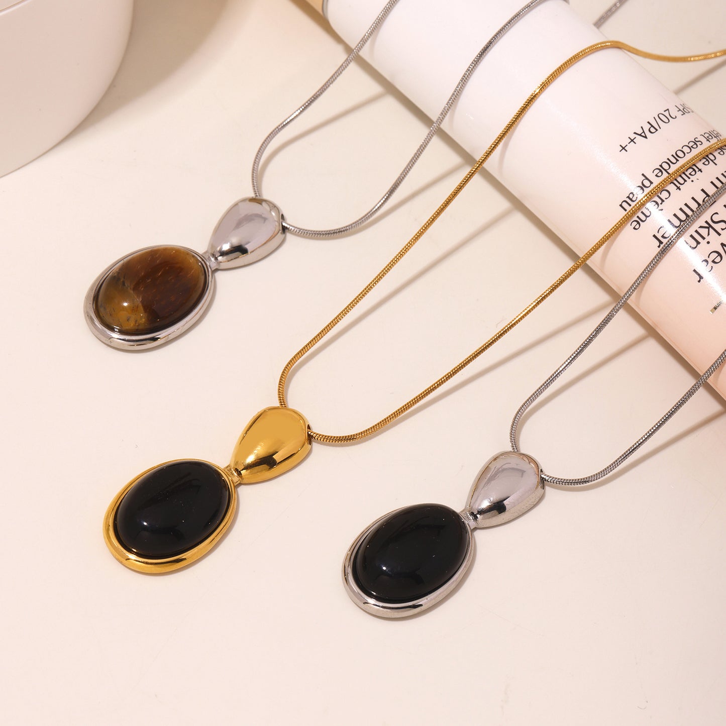 Stainless Steel Oval Tiger Eye Stone Pendant Snake Chain Necklace