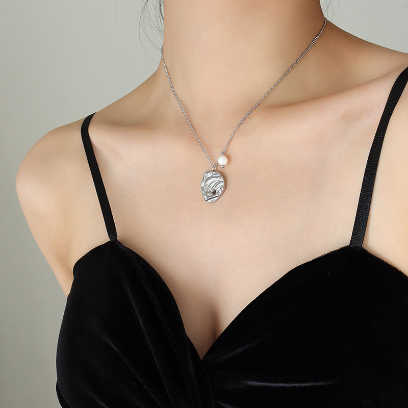Stainless Steel Irregular Texture Pendant Freshwater Pearl Necklace