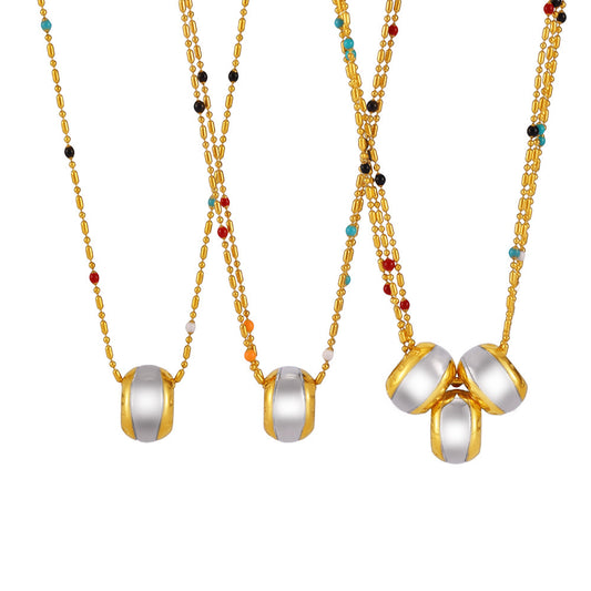 Stainless Steel Round Pendant Beaded Chain Necklace