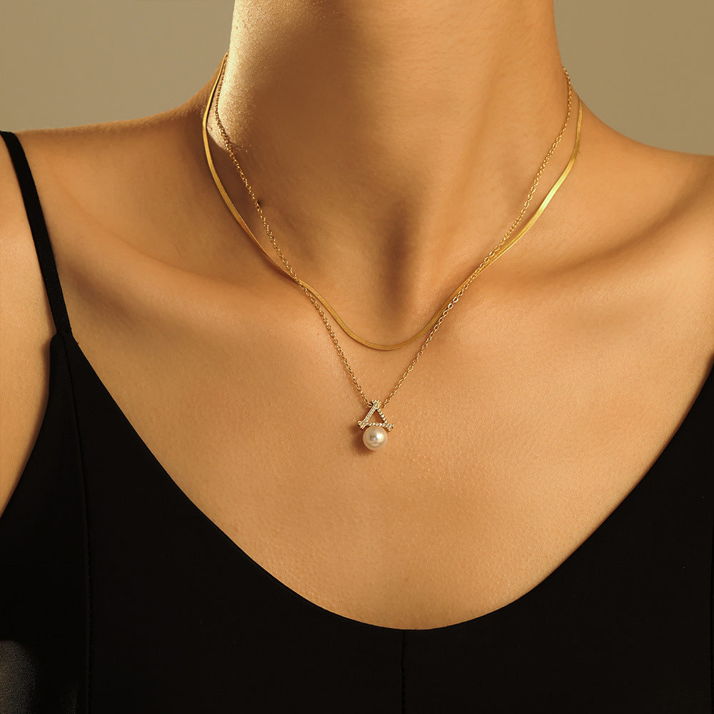 Stainless Steel Triangle Stitching Imitation Pearl Pendant Necklace