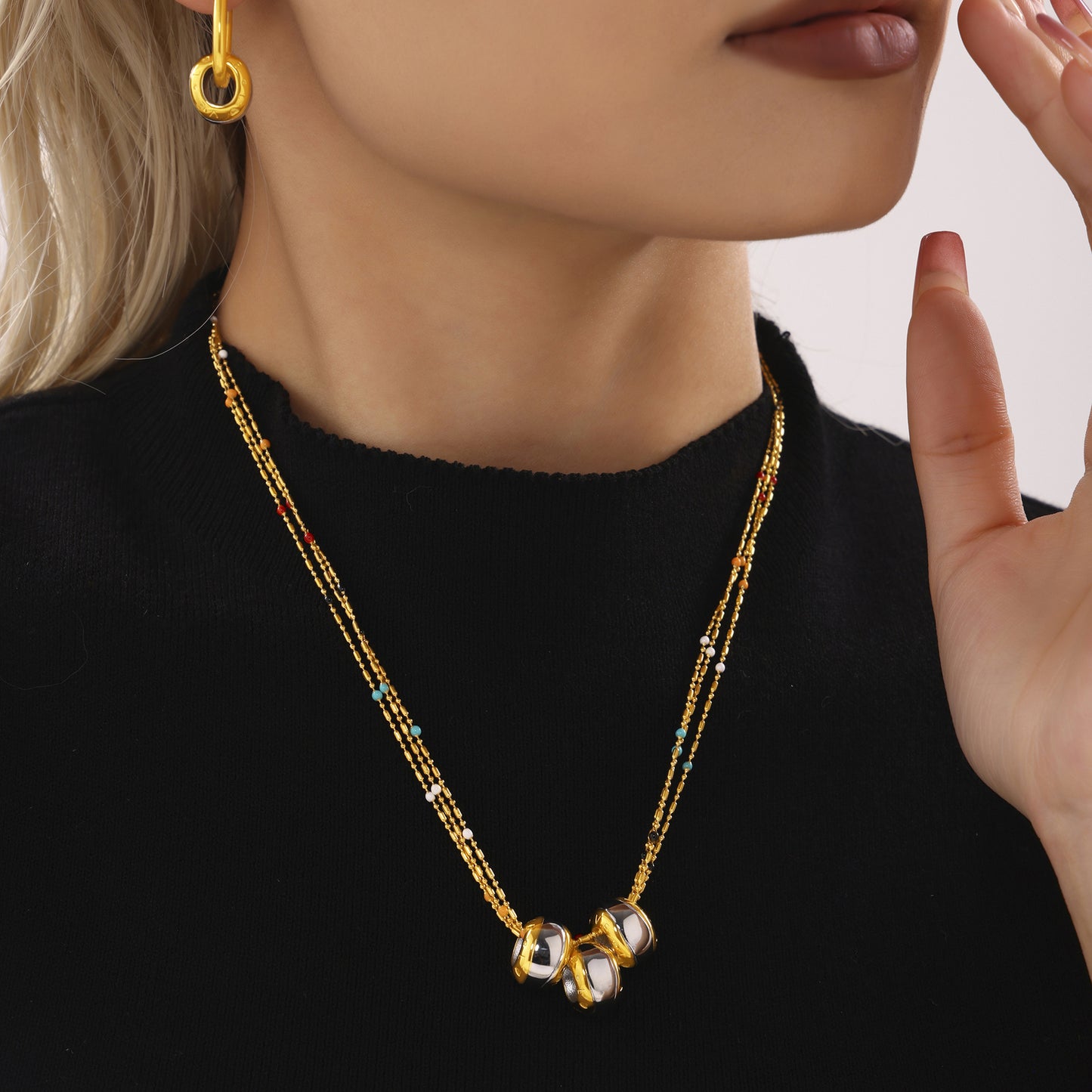 Stainless Steel Round Pendant Beaded Chain Necklace