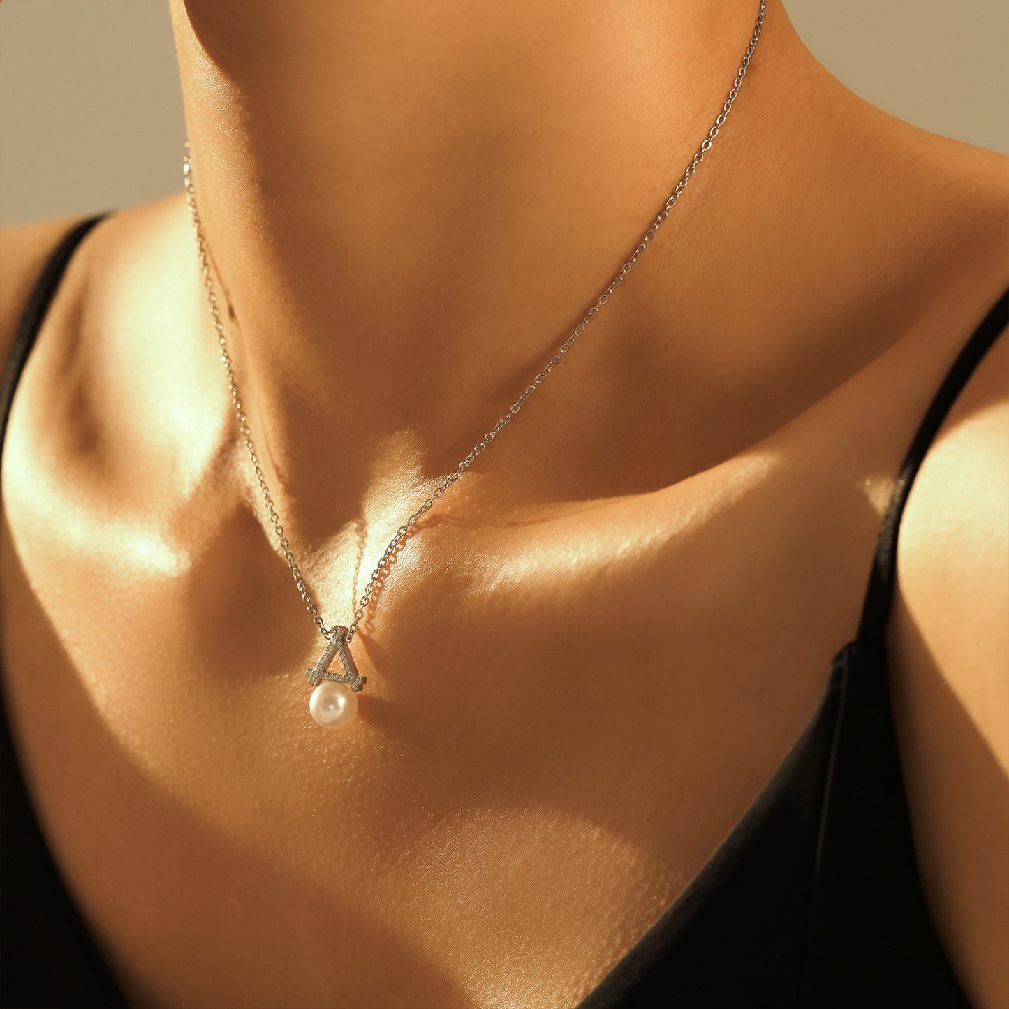 Stainless Steel Triangle Stitching Imitation Pearl Pendant Necklace