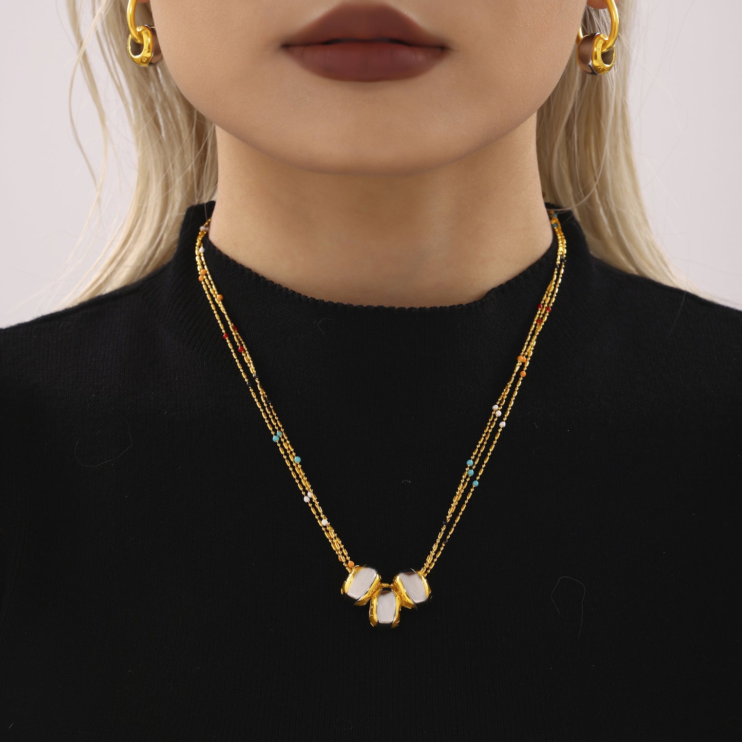 Stainless Steel Round Pendant Beaded Chain Necklace