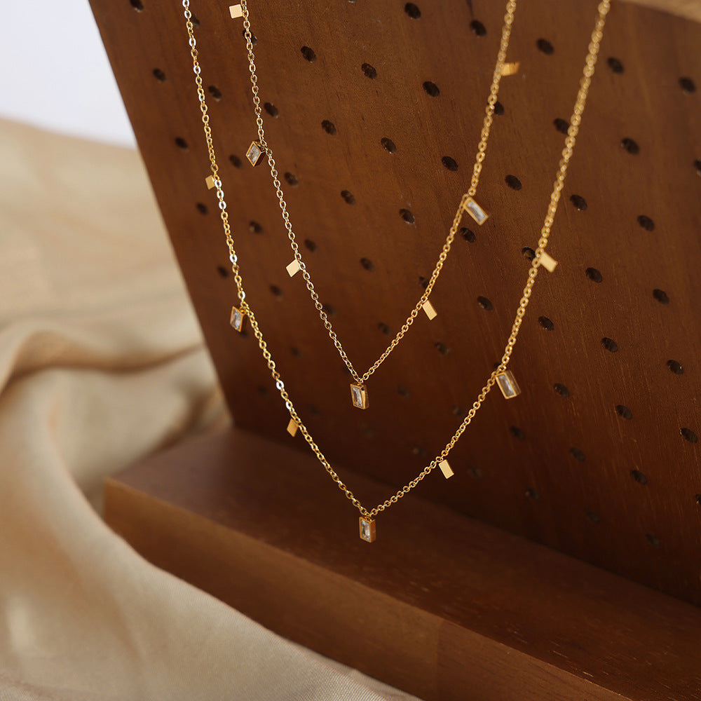 Stainless Steel Rectangular Cubic Zirconia Charm Necklace