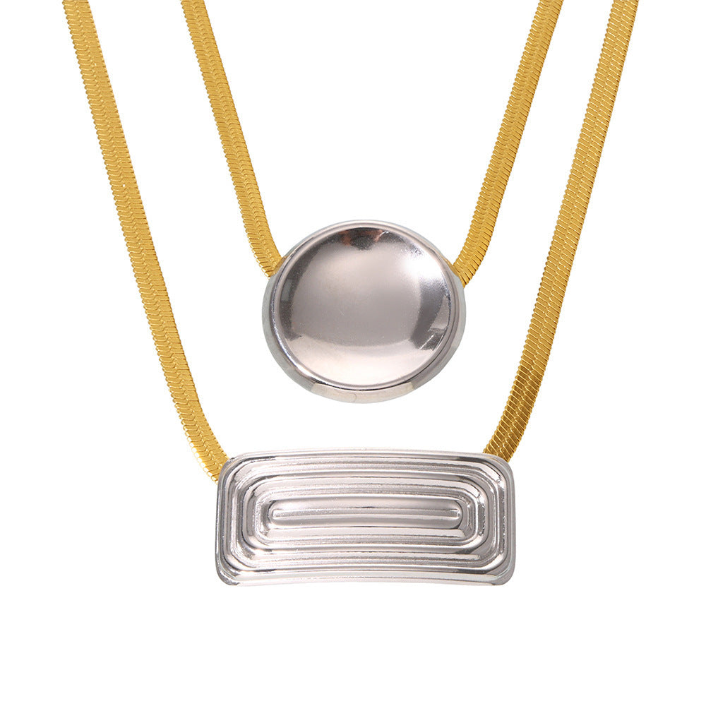 Round Rectangular Textured Pendant Stainless Steel Necklace