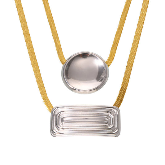 Round Rectangular Textured Pendant Stainless Steel Necklace