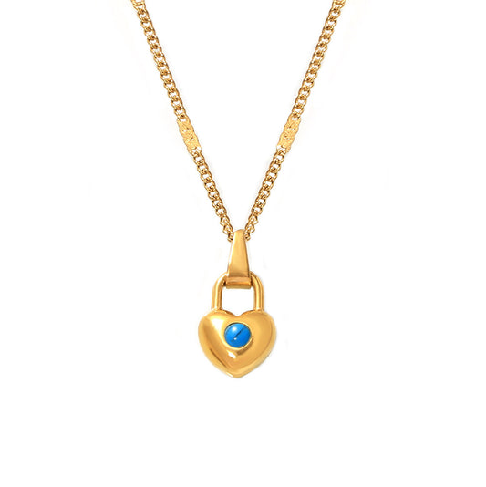 Stainless Steel Heart Lock Inlay Turquoise Pendant Necklace