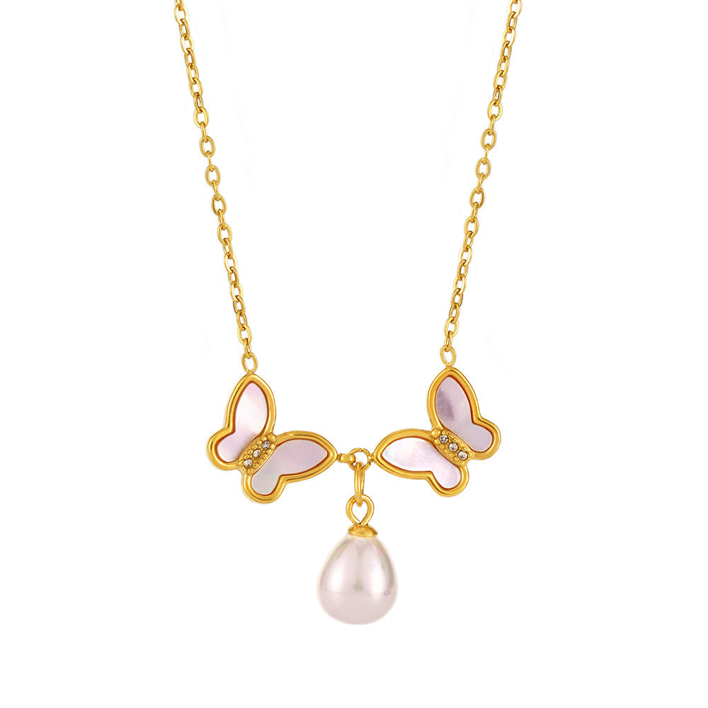 Butterfly Imitation Pearl Pendant Stainless Steel Necklace