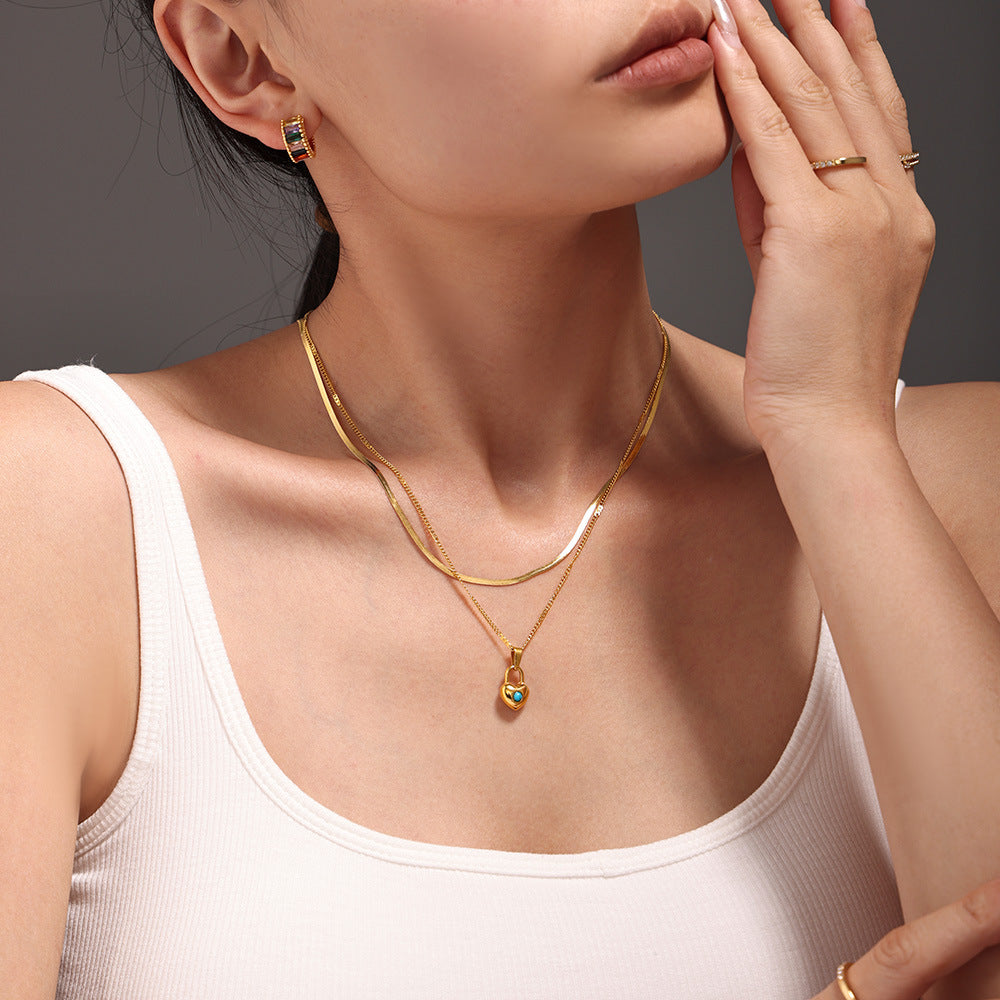 Stainless Steel Heart Lock Inlay Turquoise Pendant Necklace