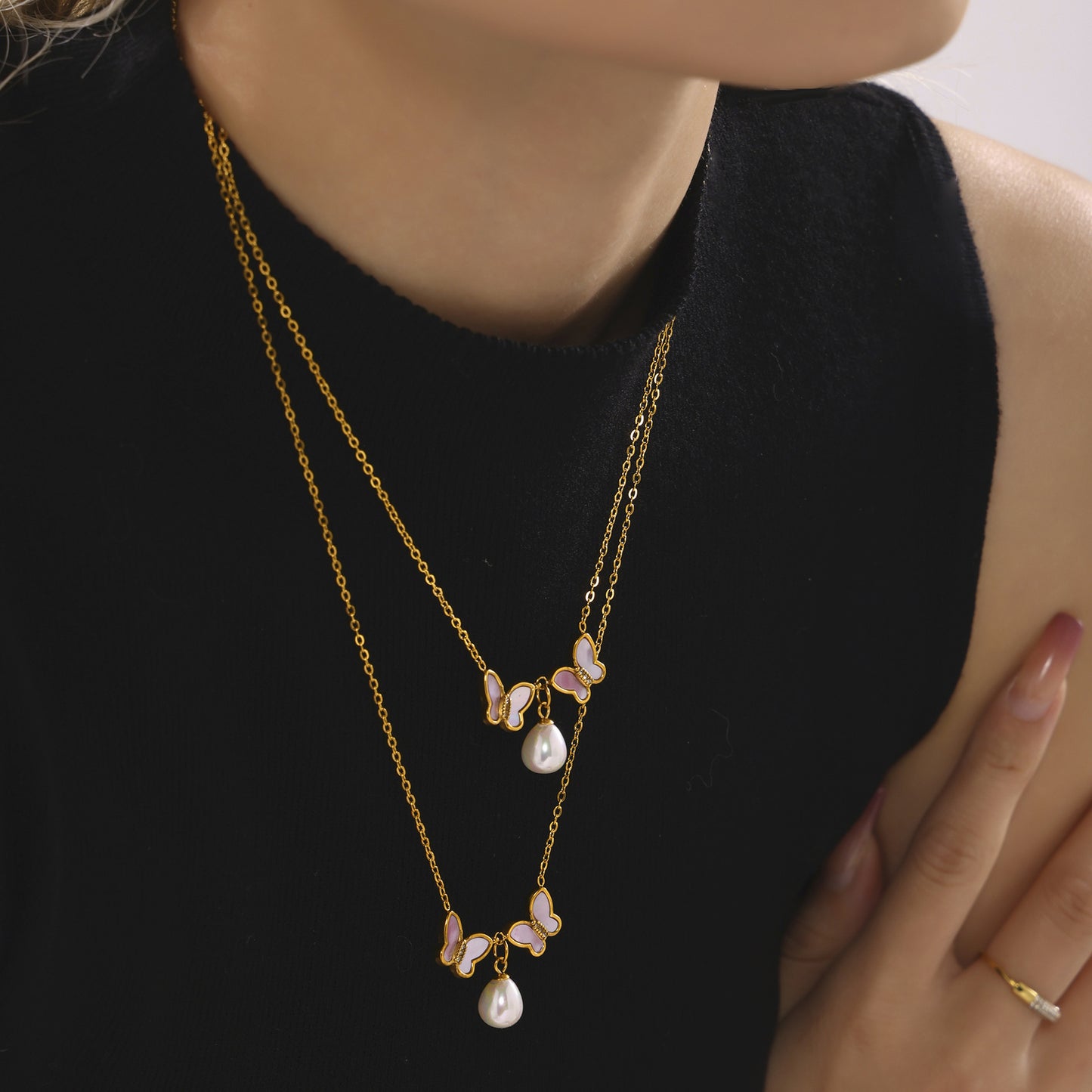 Butterfly Imitation Pearl Pendant Stainless Steel Necklace