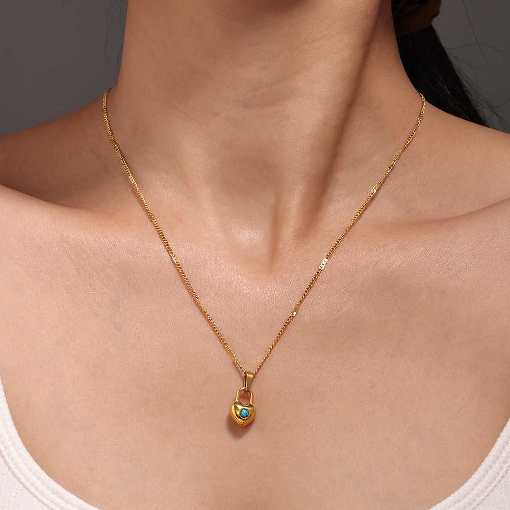 Stainless Steel Heart Lock Inlay Turquoise Pendant Necklace