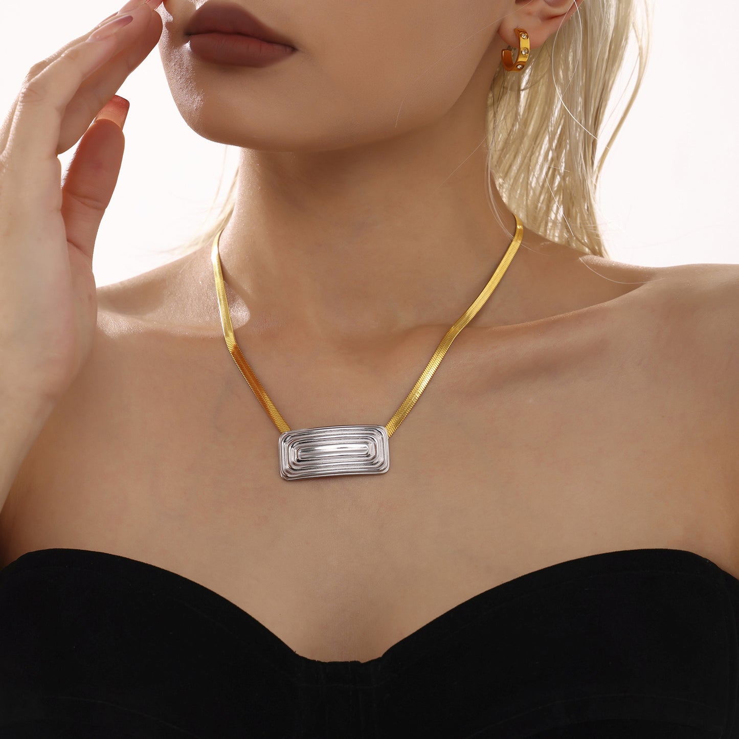 Round Rectangular Textured Pendant Stainless Steel Necklace