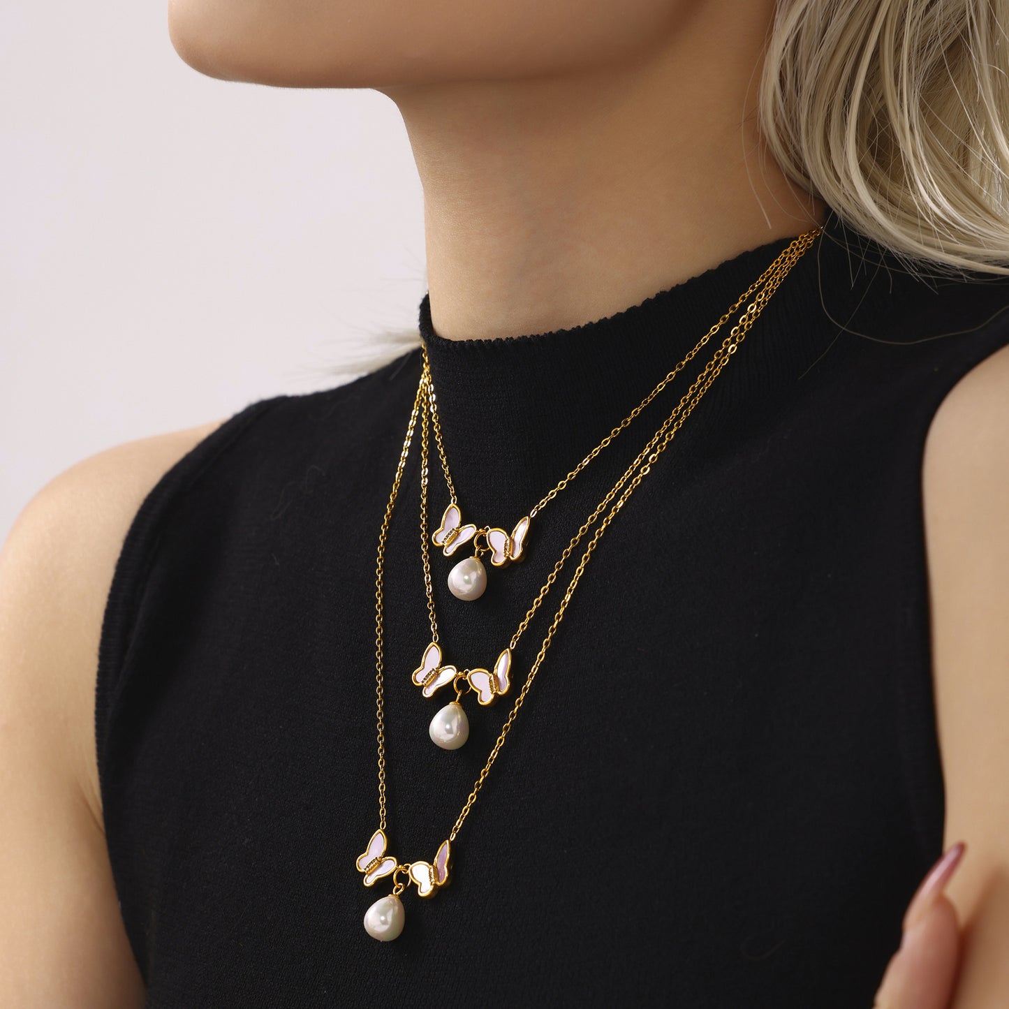 Butterfly Imitation Pearl Pendant Stainless Steel Necklace