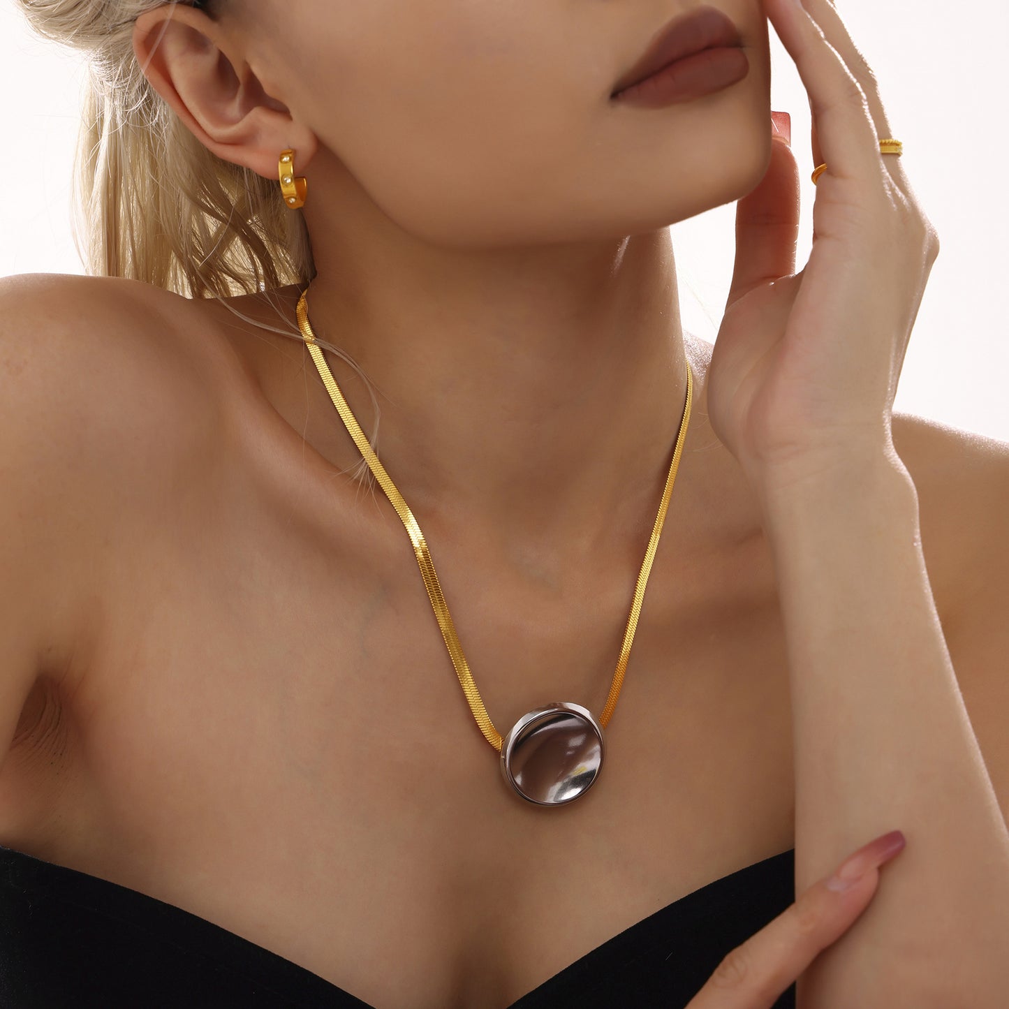 Round Rectangular Textured Pendant Stainless Steel Necklace