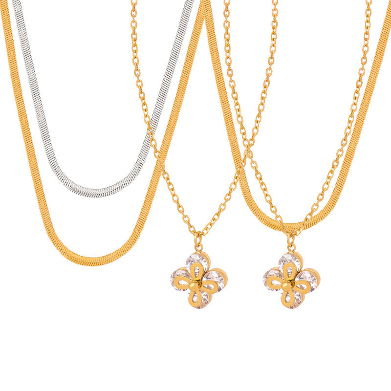 Four-leaf Clover Pendant Inlay Cubic Zirconia Stainless Steel Necklace