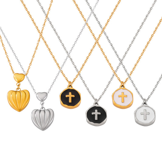 Stainless Steel Heart Round Cross Pattern Pendant Necklace