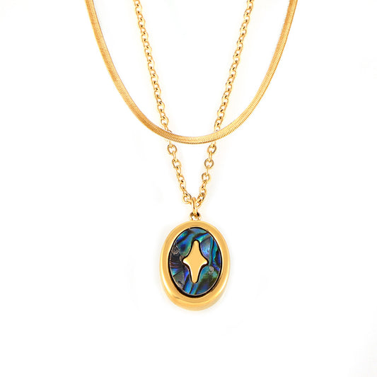 Stainless Steel Round Pendant Inlaid with Rainboew Shell Necklace