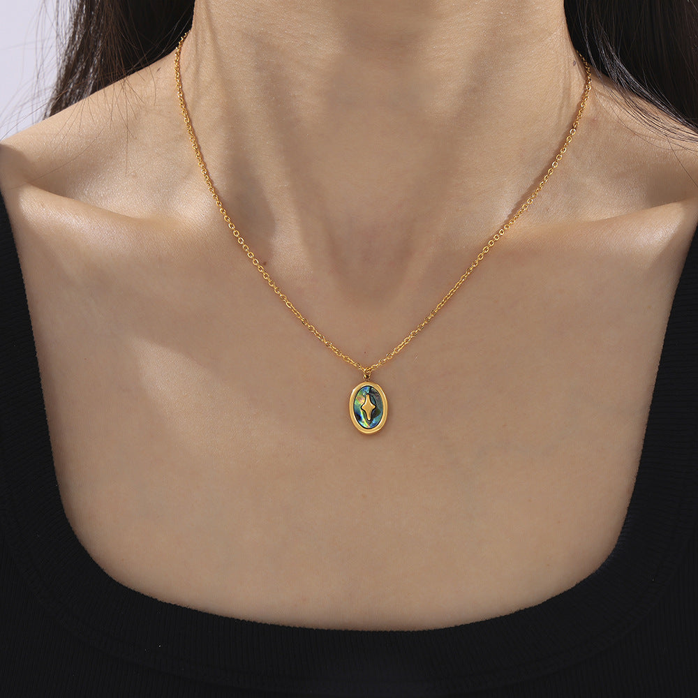 Stainless Steel Round Pendant Inlaid with Rainboew Shell Necklace