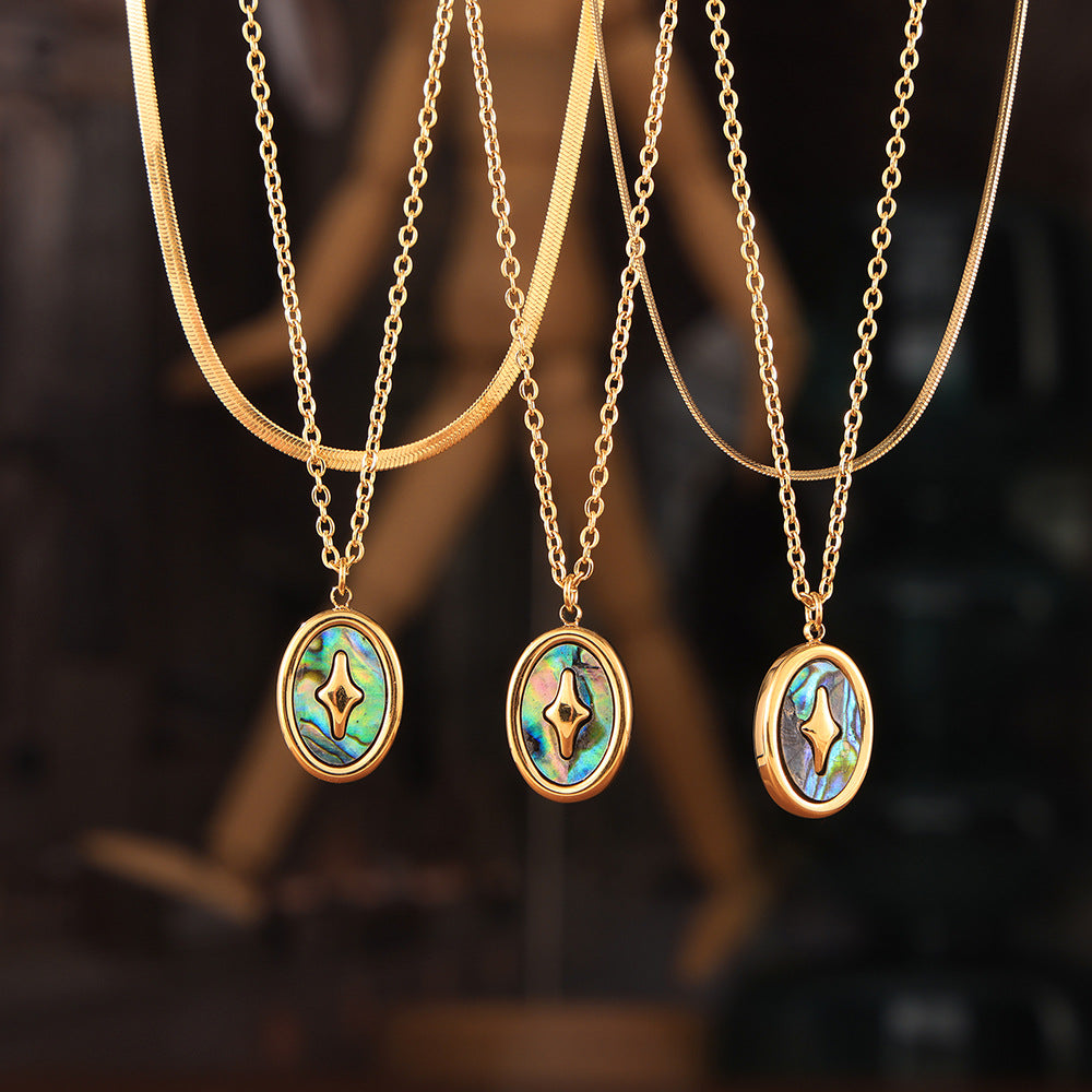Stainless Steel Round Pendant Inlaid with Rainboew Shell Necklace