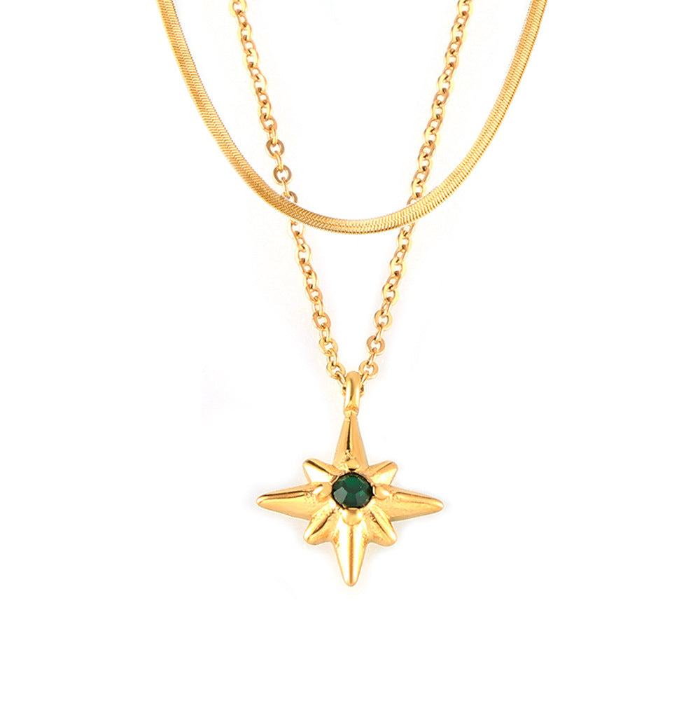 Stainless Steel Eight-pointed Star Inlay Cubic Zirconia Pendant Necklace