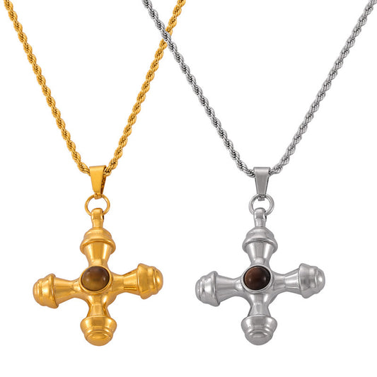 Stainless Steel Cross Inlay Tiger Eye Stone Pendant Necklace