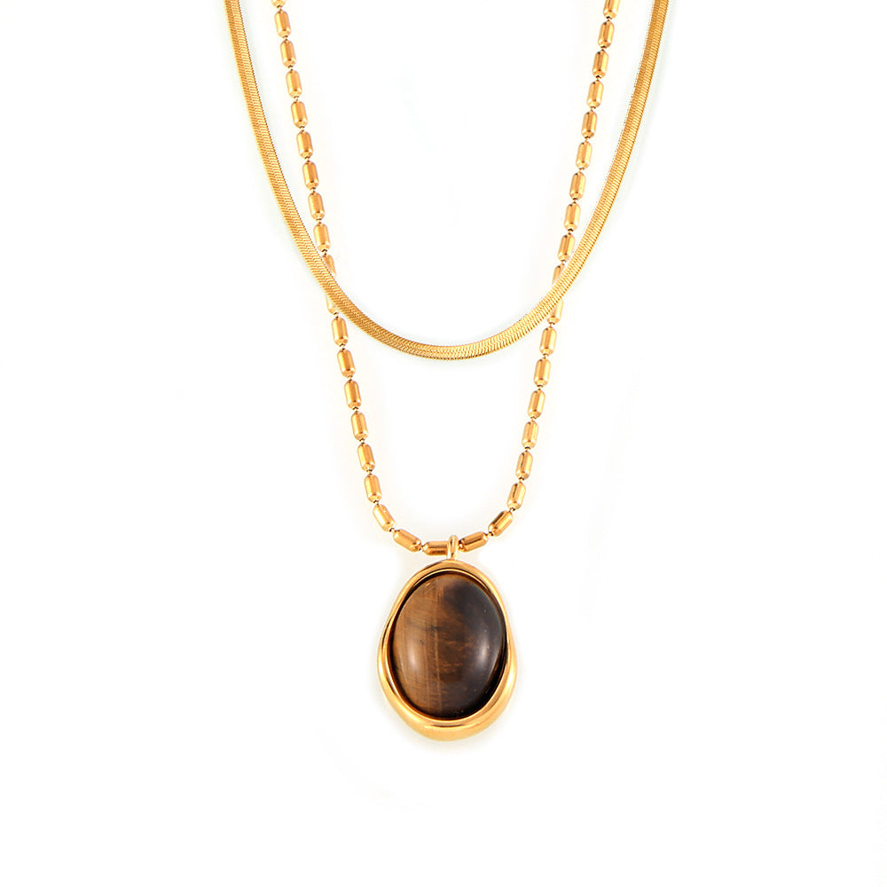 Stainless Steel Tiger Eye Stone Pendant Beaded Chain Necklace