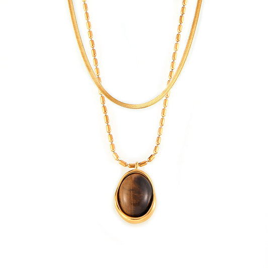 Stainless Steel Tiger Eye Stone Pendant Beaded Chain Necklace