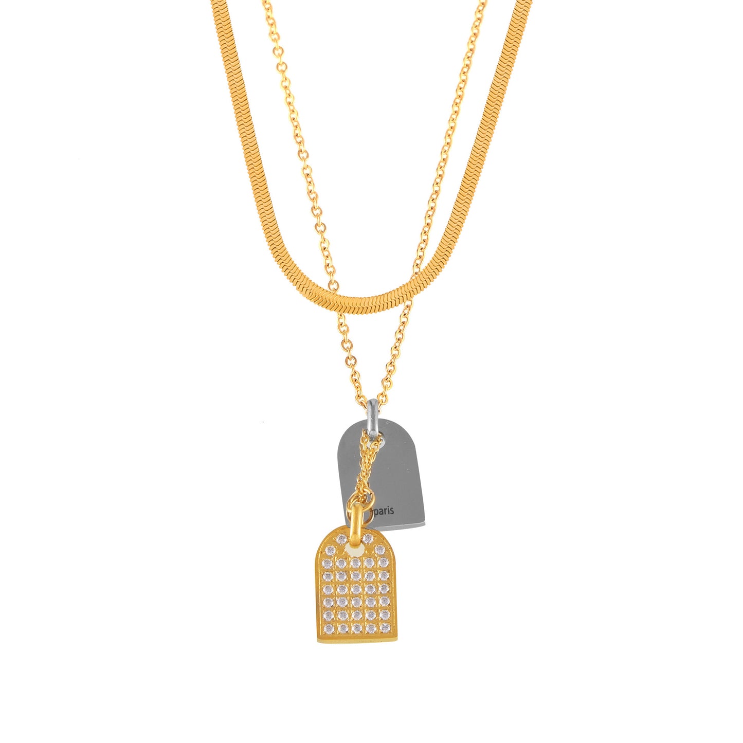 Stainless Steel Square Inlay Cubic Zirconia Pendant Necklace
