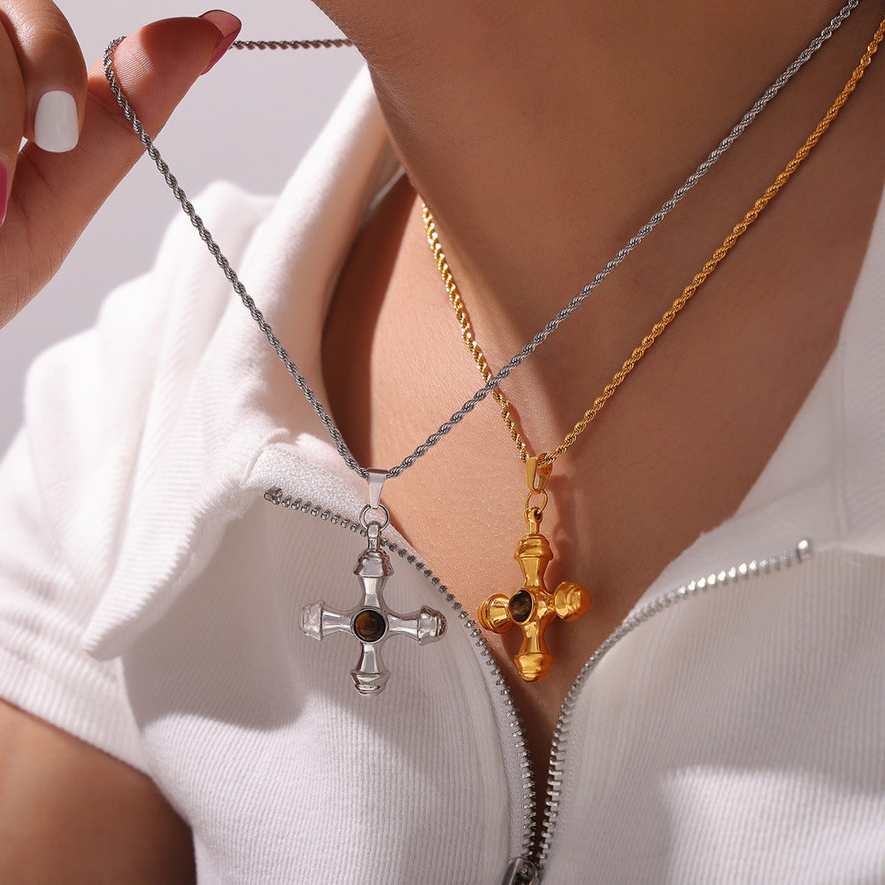 Stainless Steel Cross Inlay Tiger Eye Stone Pendant Necklace