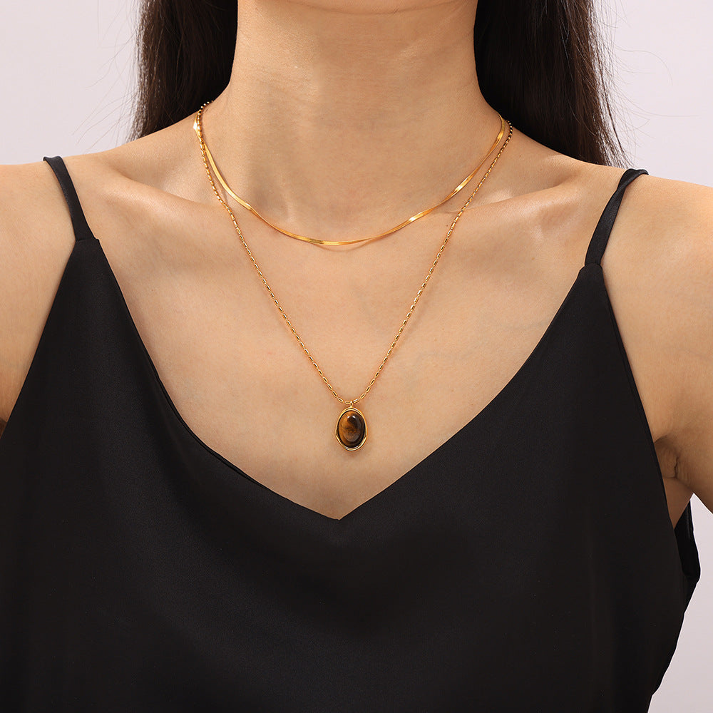 Stainless Steel Tiger Eye Stone Pendant Beaded Chain Necklace