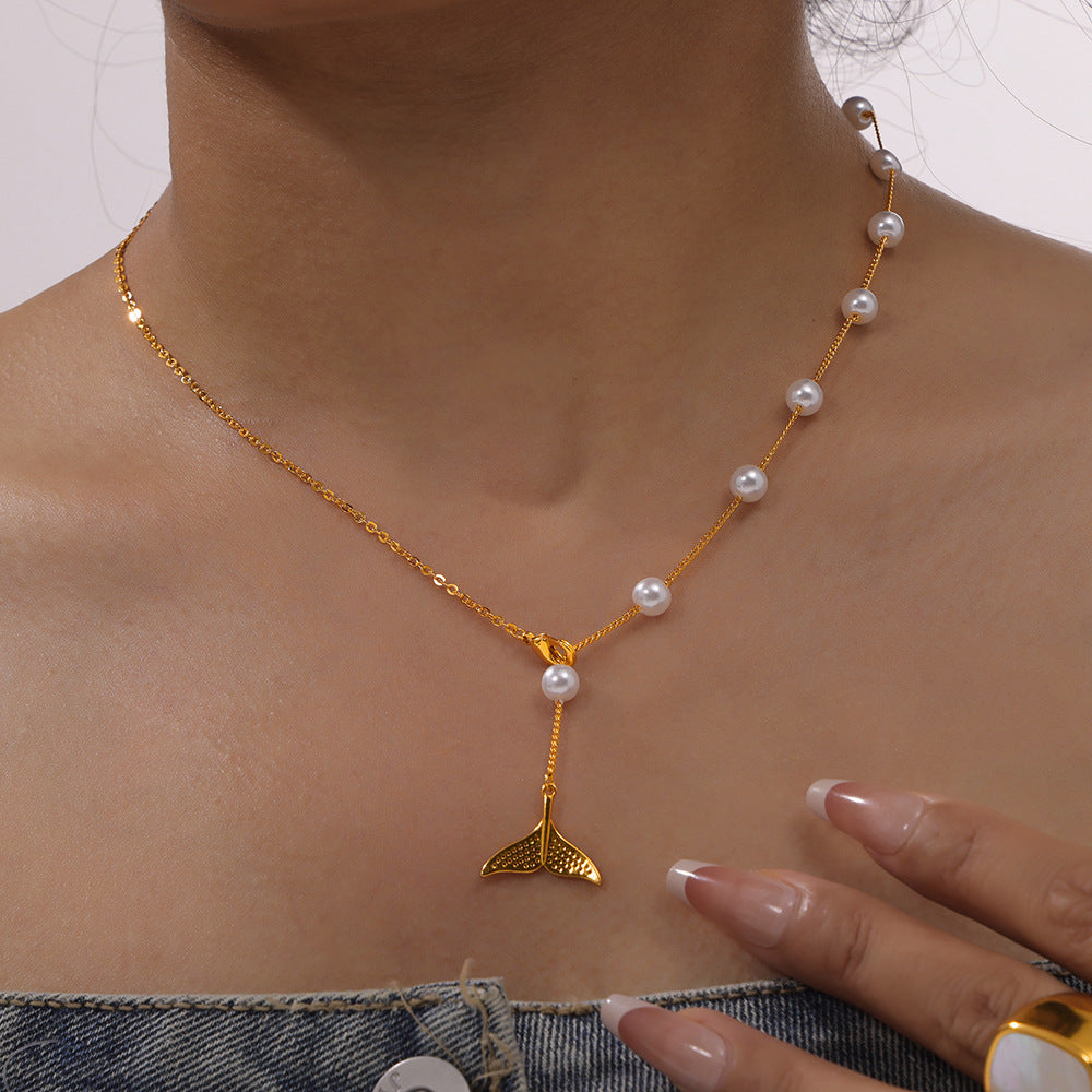 Fishtail Pendant Tassel Imitation Pearl Necklace