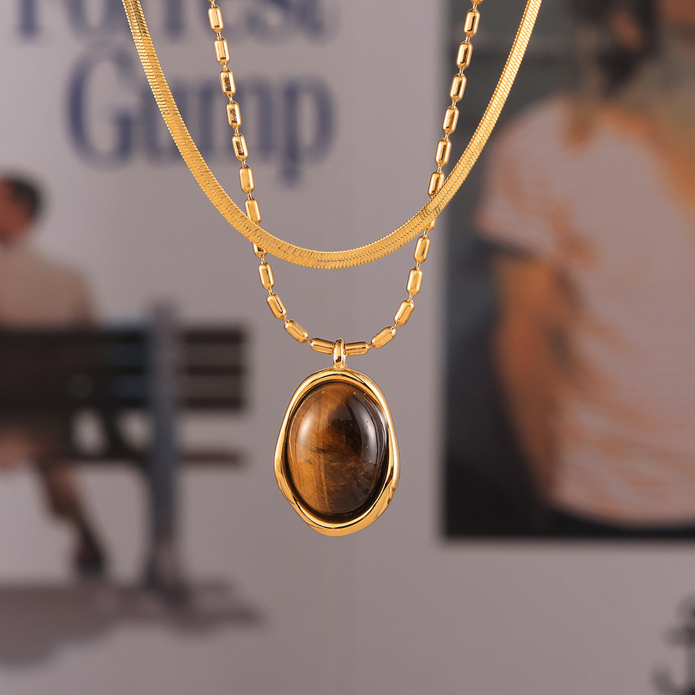 Stainless Steel Tiger Eye Stone Pendant Beaded Chain Necklace