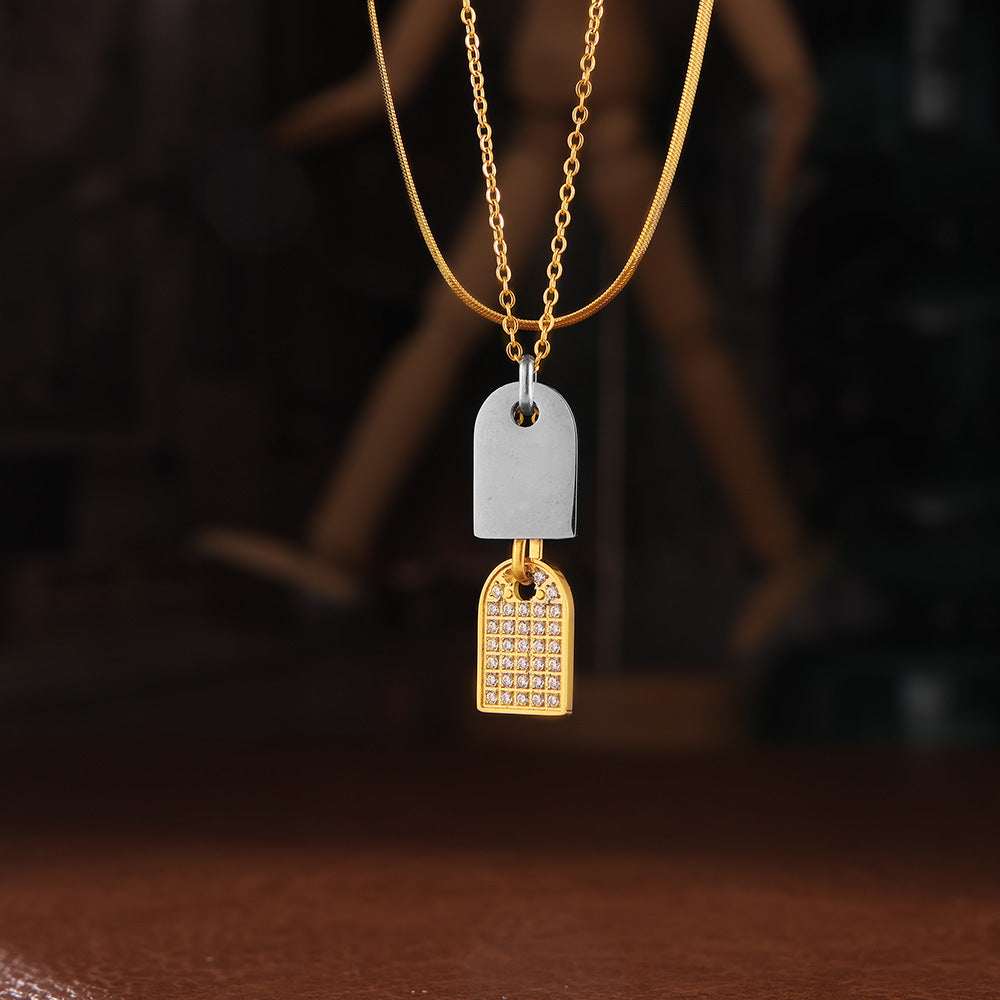 Stainless Steel Square Inlay Cubic Zirconia Pendant Necklace