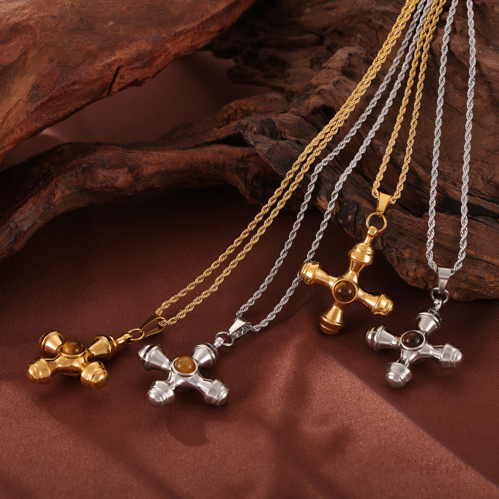 Stainless Steel Cross Inlay Tiger Eye Stone Pendant Necklace