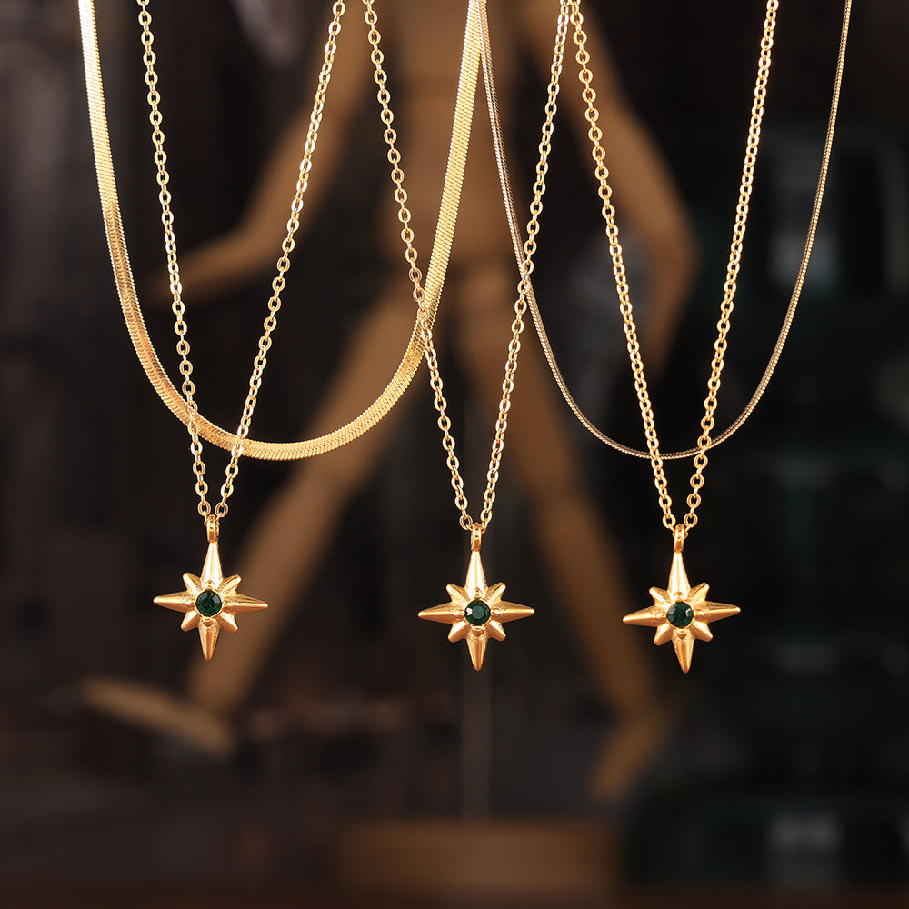 Stainless Steel Eight-pointed Star Inlay Cubic Zirconia Pendant Necklace