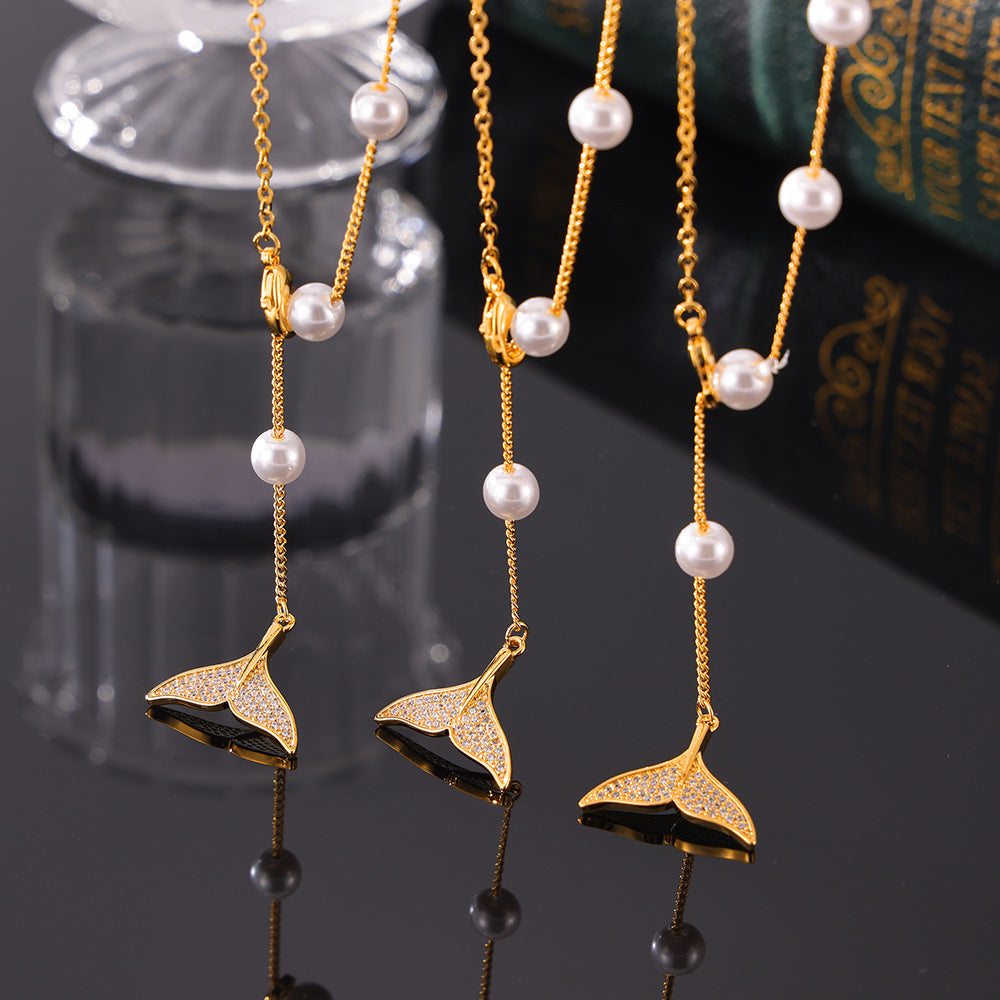 Fishtail Pendant Tassel Imitation Pearl Necklace