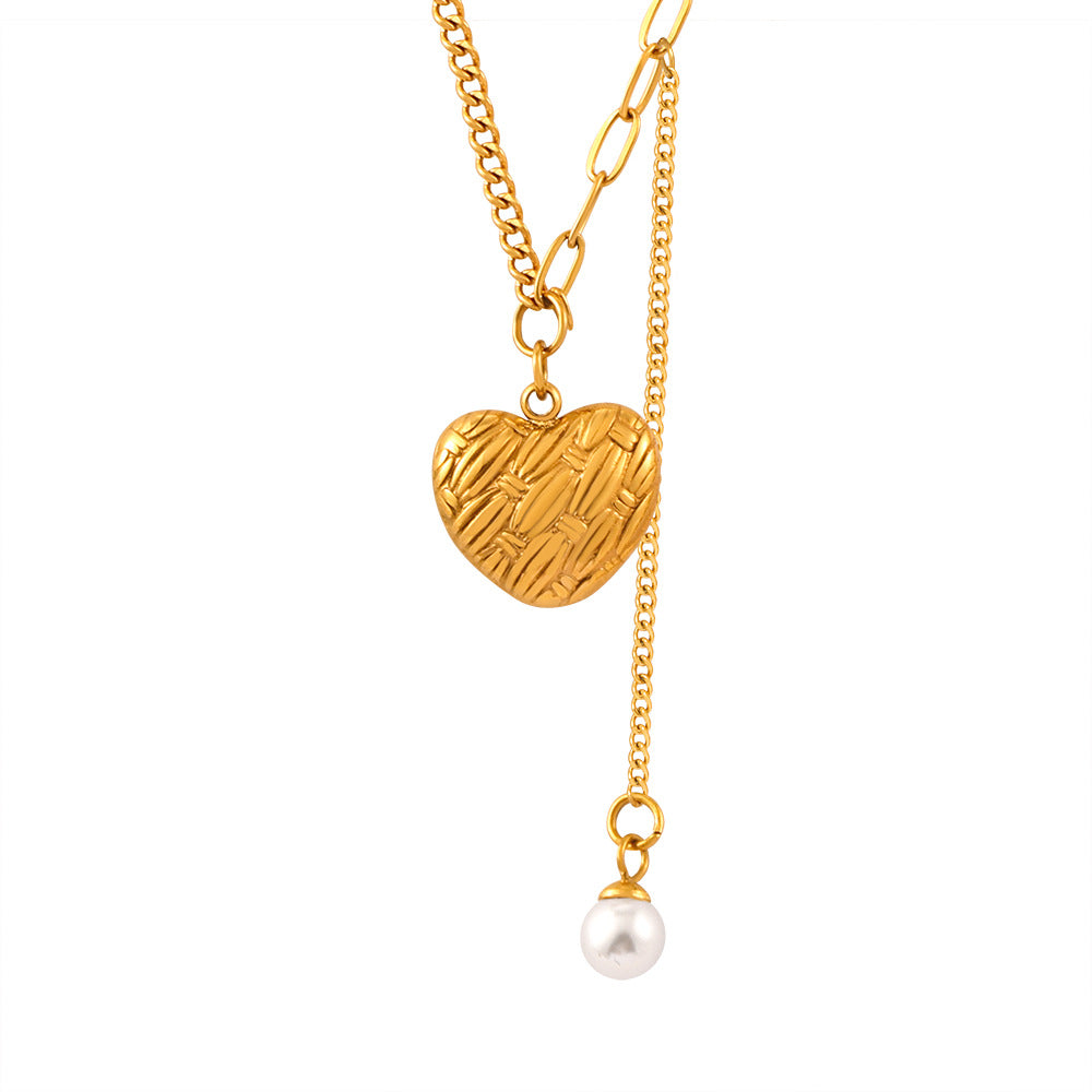 Imitation Pearl Tassel Carved Texture Heart Pendant Necklace