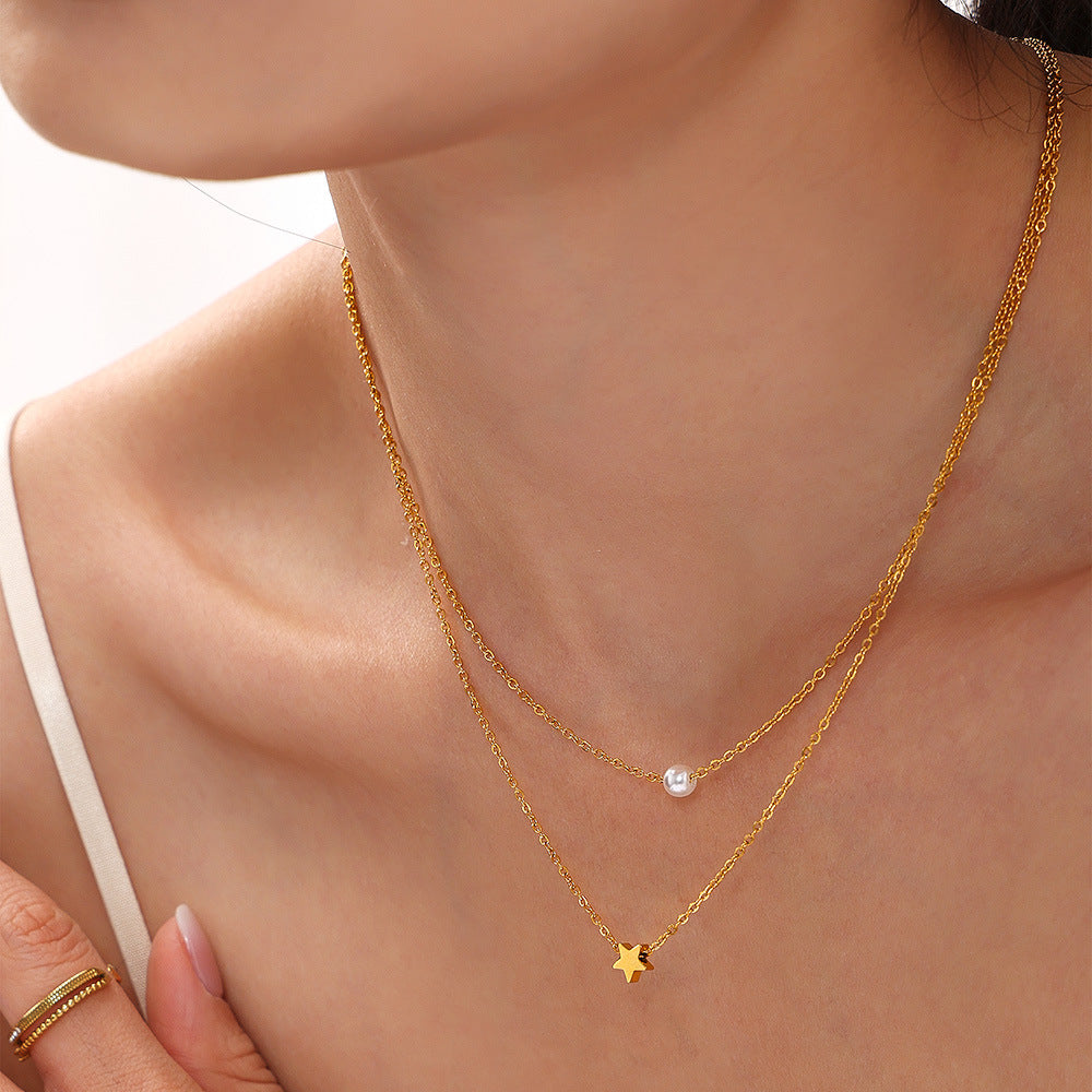 Stainless Steel Star Imitation Pearl Pendant Double Layer Necklace